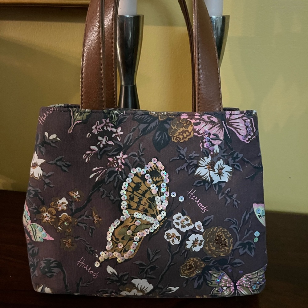Harrods Deep Purple Sequins Butterfly Fabric Handbag
